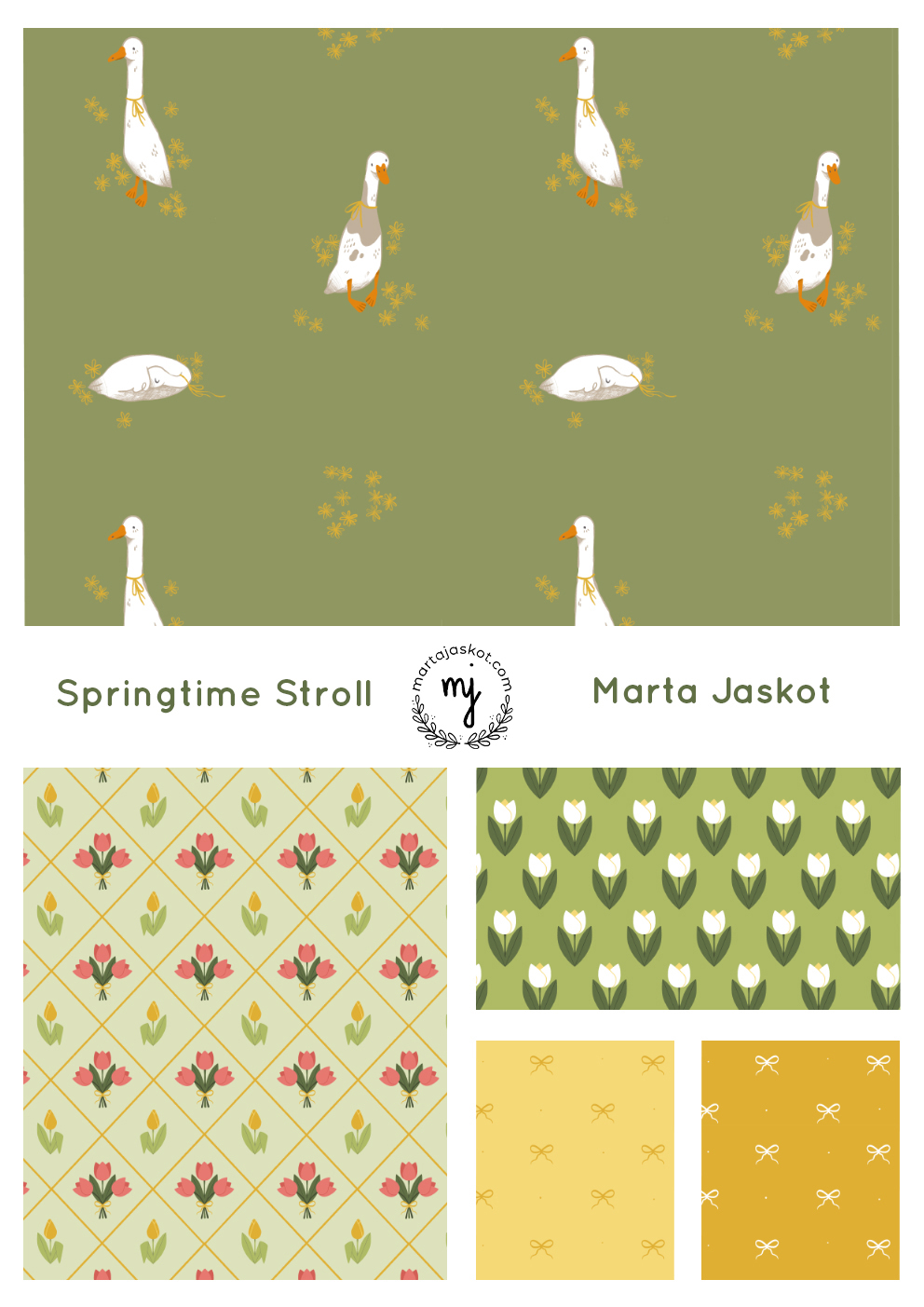 Sprint collection of patterns in happy colours of green and yellow. Main pattern is showing bunch of ducks on a green background with floral and ribbons on the other ones from the set.